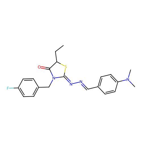(2Z)-2-{(2E)-[4-(dimethylamino)benzylidene]hydrazinylidene}-5-ethyl-3-(4-fluorobenzyl)-1,3-thiazolidin-4-one structure