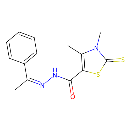 (Z)-3,4-dimethyl-N'-(1-phenylethylidene)-2-thioxo-2,3-dihydrothiazole-5-carbohydrazide structure