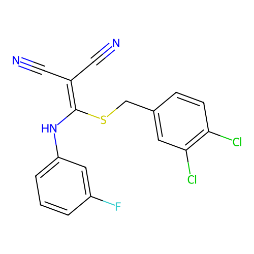 2-(((3,4-dichlorobenzyl)thio)((3-fluorophenyl)amino)methylene)malononitrile structure