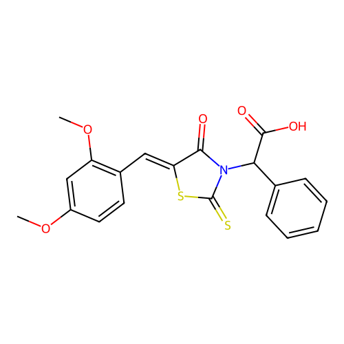 2-[(5Z)-5-[(2,4-dimethoxyphenyl)methylidene]-4-oxo-2-sulfanylidene-1,3-thiazolidin-3-yl]-2-phenylacetic acid structure