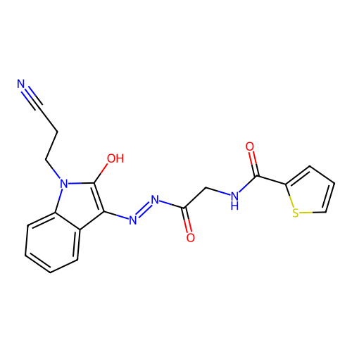 (Z)-N-(2-(2-(1-(2-cyanoethyl)-2-oxoindolin-3-ylidene)hydrazinyl)-2-oxoethyl)thiophene-2-carboxamide structure