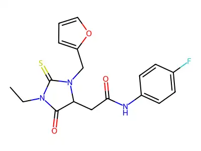 2-[1-ethyl-3-(furan-2-ylmethyl)-5-oxo-2-thioxoimidazolidin-4-yl]-N-(4-fluorophenyl)acetamide structure