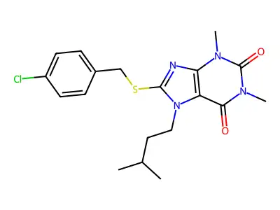 8-((4-chlorobenzyl)thio)-7-isopentyl-1,3-dimethyl-1H-purine-2,6(3H,7H)-dione structure
