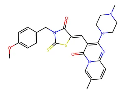 3-{(Z)-[3-(4-methoxybenzyl)-4-oxo-2-thioxo-1,3-thiazolidin-5-ylidene]methyl}-7-methyl-2-(4-methylpiperazin-1-yl)-4H-pyrido[1,2-a]pyrimidin-4-one structure