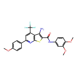 3-amino-N-(3,4-dimethoxyphenyl)-6-(4-methoxyphenyl)-4-(trifluoromethyl)thieno[2,3-b]pyridine-2-carboxamide structure