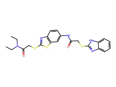 2-(1H-benzimidazol-2-ylsulfanyl)-N-(2-{[2-(diethylamino)-2-oxoethyl]sulfanyl}-1,3-benzothiazol-6-yl)acetamide structure