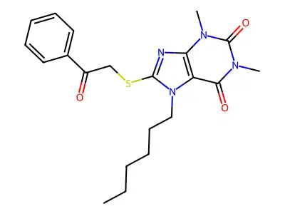 7-Hexyl-1,3-dimethyl-8-phenacylsulfanylpurine-2,6-dione structure