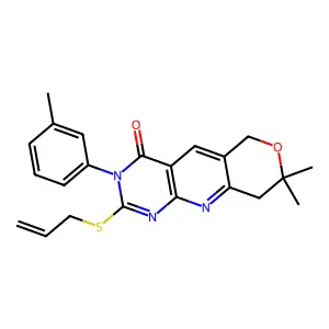2-(allylthio)-8,8-dimethyl-3-(m-tolyl)-8,9-dihydro-3H-pyrano[3',4':5,6]pyrido[2,3-d]pyrimidin-4(6H)-one structure