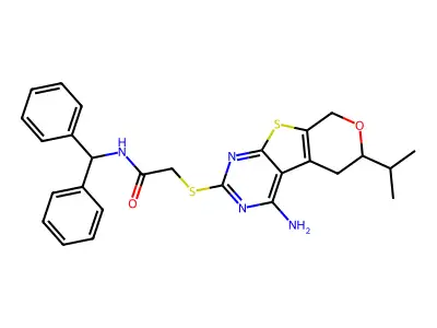 2-((4-amino-6-isopropyl-6,8-dihydro-5H-pyrano[4',3':4,5]thieno[2,3-d]pyrimidin-2-yl)thio)-N-benzhydrylacetamide structure