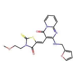 2-[(2-furylmethyl)amino]-3-{(Z)-[3-(2-methoxyethyl)-4-oxo-2-thioxo-1,3-thiazolidin-5-ylidene]methyl}-4H-pyrido[1,2-a]pyrimidin-4-one structure