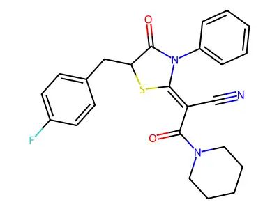 (2Z)-2-[5-[(4-fluorophenyl)methyl]-4-oxo-3-phenyl-1,3-thiazolidin-2-ylidene]-3-oxo-3-piperidin-1-ylpropanenitrile structure