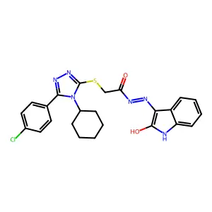 2-{[5-(4-chlorophenyl)-4-cyclohexyl-4H-1,2,4-triazol-3-yl]sulfanyl}-N'-[(3E)-2-oxo-1,2-dihydro-3H-indol-3-ylidene]acetohydrazide structure