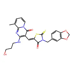 3-{(Z)-[3-(1,3-benzodioxol-5-ylmethyl)-4-oxo-2-thioxo-1,3-thiazolidin-5-ylidene]methyl}-2-[(3-hydroxypropyl)amino]-9-methyl-4H-pyrido[1,2-a]pyrimidin-4-one structure