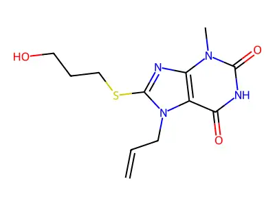 7-allyl-8-((3-hydroxypropyl)thio)-3-methyl-1H-purine-2,6(3H,7H)-dione structure