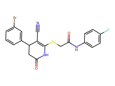 2-((4-(3-bromophenyl)-3-cyano-6-oxo-1,4,5,6-tetrahydropyridin-2-yl)thio)-N-(4-fluorophenyl)acetamide structure