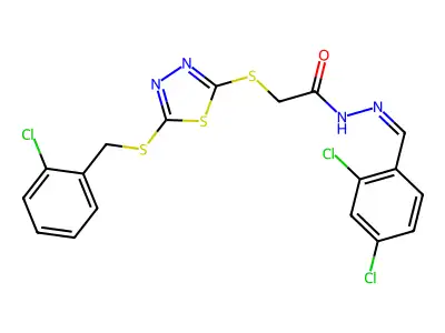 2-[[5-[(2-chlorophenyl)methylsulfanyl]-1,3,4-thiadiazol-2-yl]sulfanyl]-N-[(E)-(2,4-dichlorophenyl)methylideneamino]acetamide structure