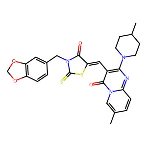 3-{(Z)-[3-(1,3-benzodioxol-5-ylmethyl)-4-oxo-2-thioxo-1,3-thiazolidin-5-ylidene]methyl}-7-methyl-2-(4-methylpiperidin-1-yl)-4H-pyrido[1,2-a]pyrimidin-4-one structure