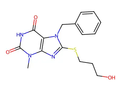7-benzyl-8-((3-hydroxypropyl)thio)-3-methyl-1H-purine-2,6(3H,7H)-dione structure
