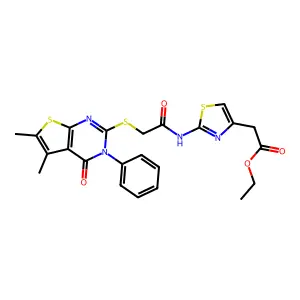 ethyl [(2Z)-2-({[(5,6-dimethyl-4-oxo-3-phenyl-3,4-dihydrothieno[2,3-d]pyrimidin-2-yl)sulfanyl]acetyl}imino)-2,3-dihydro-1,3-thiazol-4-yl]acetate structure