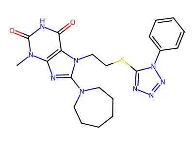 8-(azepan-1-yl)-3-methyl-7-(2-((1-phenyl-1H-tetrazol-5-yl)thio)ethyl)-1H-purine-2,6(3H,7H)-dione structure