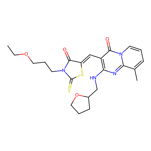 3-{(Z)-[3-(3-ethoxypropyl)-4-oxo-2-thioxo-1,3-thiazolidin-5-ylidene]methyl}-9-methyl-2-[(tetrahydrofuran-2-ylmethyl)amino]-4H-pyrido[1,2-a]pyrimidin-4-one structure