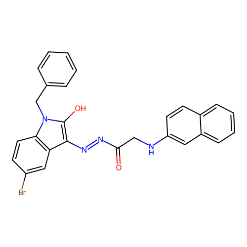 N'-[(3Z)-1-benzyl-5-bromo-2-oxo-1,2-dihydro-3H-indol-3-ylidene]-2-(naphthalen-2-ylamino)acetohydrazide (non-preferred name) structure