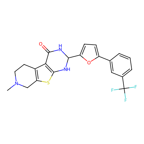 7-methyl-2-(5-(3-(trifluoromethyl)phenyl)furan-2-yl)-2,3,5,6,7,8-hexahydropyrido[4',3':4,5]thieno[2,3-d]pyrimidin-4(1H)-one structure