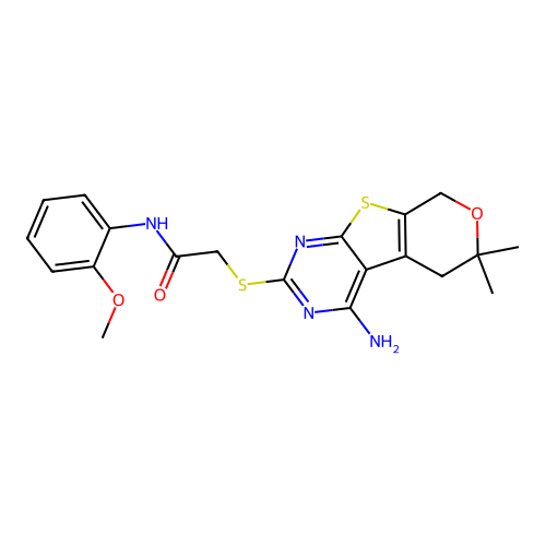 2-((4-amino-6,6-dimethyl-6,8-dihydro-5H-pyrano[4',3':4,5]thieno[2,3-d]pyrimidin-2-yl)thio)-N-(2-methoxyphenyl)acetamide structure