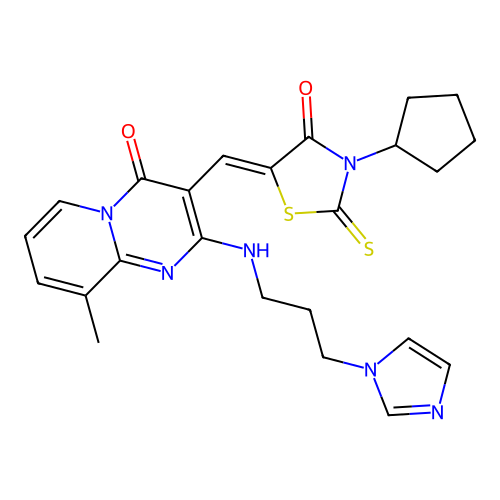 3-[(Z)-(3-cyclopentyl-4-oxo-2-thioxo-1,3-thiazolidin-5-ylidene)methyl]-2-{[3-(1H-imidazol-1-yl)propyl]amino}-9-methyl-4H-pyrido[1,2-a]pyrimidin-4-one structure