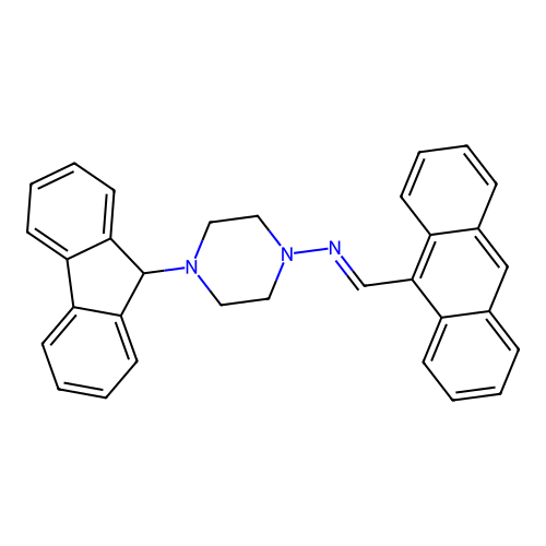 (E)-N-(anthracen-9-ylmethylene)-4-(9H-fluoren-9-yl)piperazin-1-amine structure