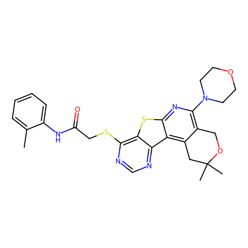 2-((2,2-dimethyl-5-morpholino-2,4-dihydro-1H-pyrano[4'',3'':4',5']pyrido[3',2':4,5]thieno[3,2-d]pyrimidin-8-yl)thio)-N-(o-tolyl)acetamide structure