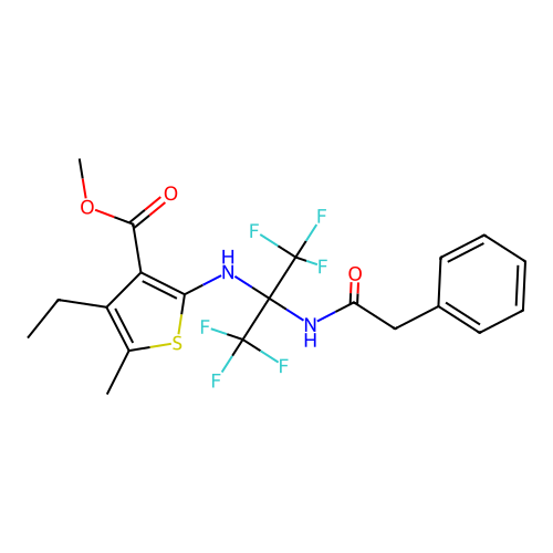 methyl 4-ethyl-2-((1,1,1,3,3,3-hexafluoro-2-(2-phenylacetamido)propan-2-yl)amino)-5-methylthiophene-3-carboxylate structure