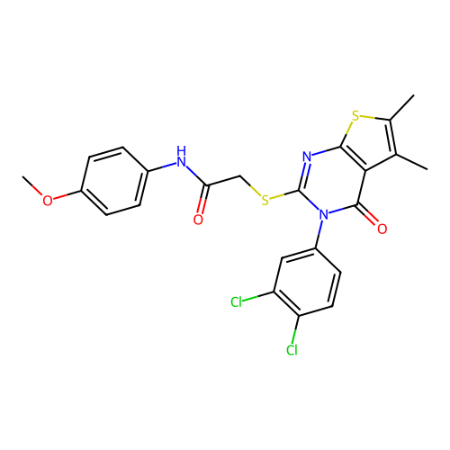 2-((3-(3,4-dichlorophenyl)-5,6-dimethyl-4-oxo-3,4-dihydrothieno[2,3-d]pyrimidin-2-yl)thio)-N-(4-methoxyphenyl)acetamide structure