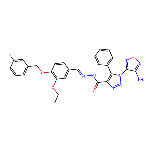 (E)-1-(4-amino-1,2,5-oxadiazol-3-yl)-N'-(3-ethoxy-4-((3-fluorobenzyl)oxy)benzylidene)-5-phenyl-1H-1,2,3-triazole-4-carbohydrazide structure