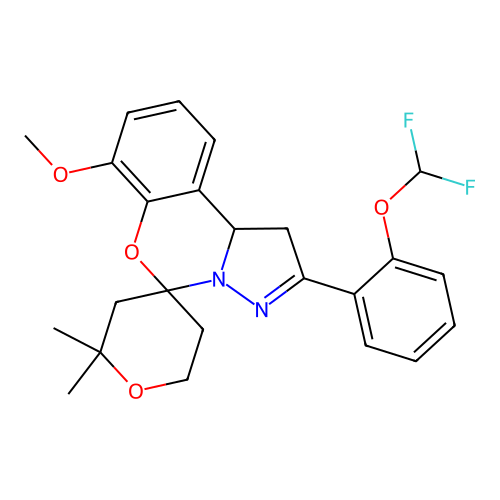 2'-[2-(difluoromethoxy)phenyl]-7'-methoxy-2,2-dimethyl-1',2,3,5,6,10b'-hexahydrospiro[pyran-4,5'-pyrazolo[1,5-c][1,3]benzoxazine] structure