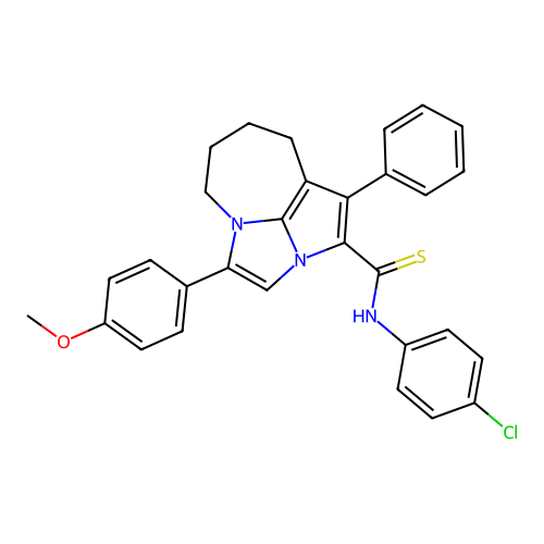 N-(4-chlorophenyl)-4-(4-methoxyphenyl)-1-phenyl-5,6,7,8-tetrahydro-2a,4a-diazacyclopenta[cd]azulene-2-carbothioamide structure