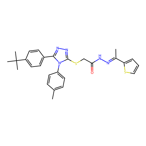 2-{[5-(4-tert-butylphenyl)-4-(4-methylphenyl)-4H-1,2,4-triazol-3-yl]sulfanyl}-N'-[(1E)-1-(thiophen-2-yl)ethylidene]acetohydrazide structure