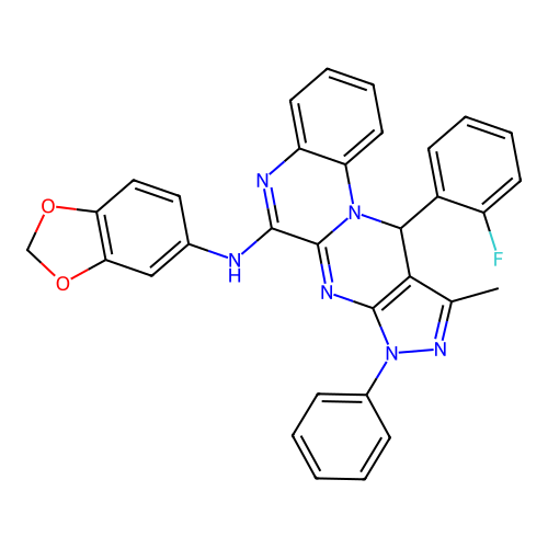 N-(1,3-benzodioxol-5-yl)-11-(2-fluorophenyl)-10-methyl-8-phenyl-8,11-dihydropyrazolo[3',4':4,5]pyrimido[1,2-a]quinoxalin-6-amine structure