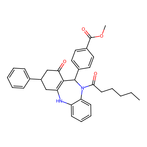 methyl 4-(10-hexanoyl-1-hydroxy-3-phenyl-3,4,10,11-tetrahydro-2H-dibenzo[b,e][1,4]diazepin-11-yl)benzoate structure
