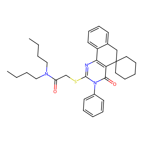 N,N-dibutyl-2-((4-oxo-3-phenyl-4,6-dihydro-3H-spiro[benzo[h]quinazoline-5,1'-cyclohexan]-2-yl)thio)acetamide structure