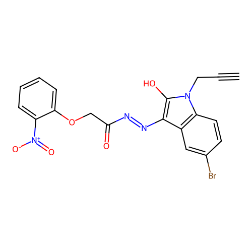 N-[(5-bromo-2-oxo-1-prop-2-ynyl-indol-3-ylidene)amino]-2-(2-nitrophenoxy)acetamide structure