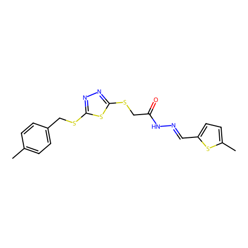 2-({5-[(4-methylbenzyl)sulfanyl]-1,3,4-thiadiazol-2-yl}sulfanyl)-N'-[(E)-(5-methylthiophen-2-yl)methylidene]acetohydrazide structure