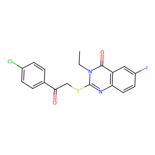 2-{[2-(4-chlorophenyl)-2-oxoethyl]sulfanyl}-3-ethyl-6-iodoquinazolin-4(3H)-one structure