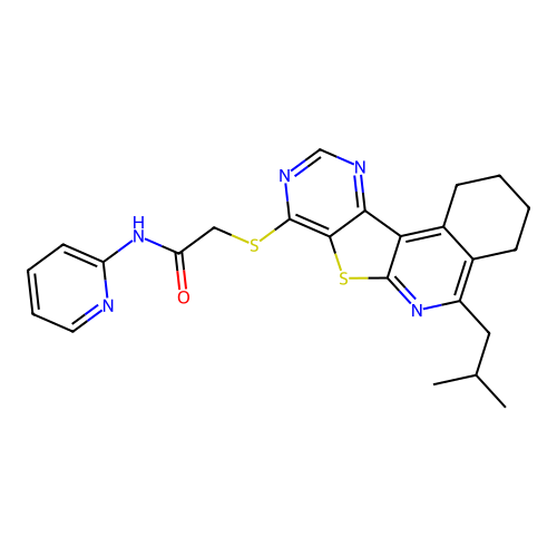 2-((5-isobutyl-1,2,3,4-tetrahydropyrimido[4',5':4,5]thieno[2,3-c]isoquinolin-8-yl)thio)-N-(pyridin-2-yl)acetamide structure