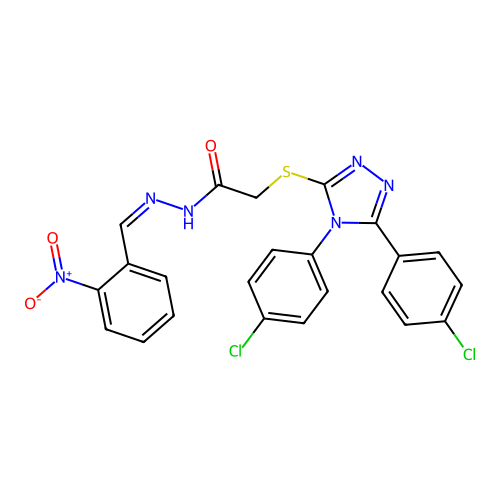 (Z)-2-((4,5-bis(4-chlorophenyl)-4H-1,2,4-triazol-3-yl)thio)-N'-(2-nitrobenzylidene)acetohydrazide structure
