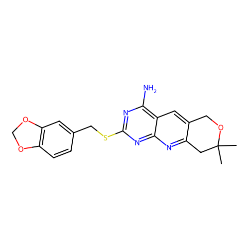 2-((benzo[d][1,3]dioxol-5-ylmethyl)thio)-8,8-dimethyl-8,9-dihydro-6H-pyrano[3',4':5,6]pyrido[2,3-d]pyrimidin-4-amine structure