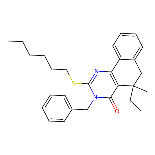 3-benzyl-5-ethyl-2-hexylsulfanyl-5-methyl-6H-benzo[h]quinazolin-4-one structure