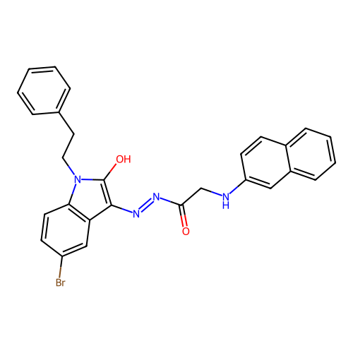 N'-[(3Z)-5-bromo-2-oxo-1-(2-phenylethyl)-1,2-dihydro-3H-indol-3-ylidene]-2-(naphthalen-2-ylamino)acetohydrazide (non-preferred name) structure