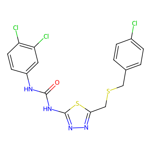1-(5-(((4-chlorobenzyl)thio)methyl)-1,3,4-thiadiazol-2-yl)-3-(3,4-dichlorophenyl)urea structure
