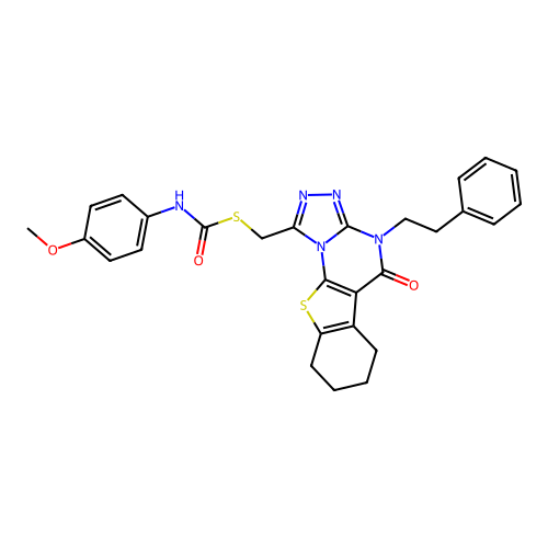 S-((5-oxo-4-phenethyl-4,5,6,7,8,9-hexahydrobenzo[4,5]thieno[3,2-e][1,2,4]triazolo[4,3-a]pyrimidin-1-yl)methyl) (4-methoxyphenyl)carbamothioate structure